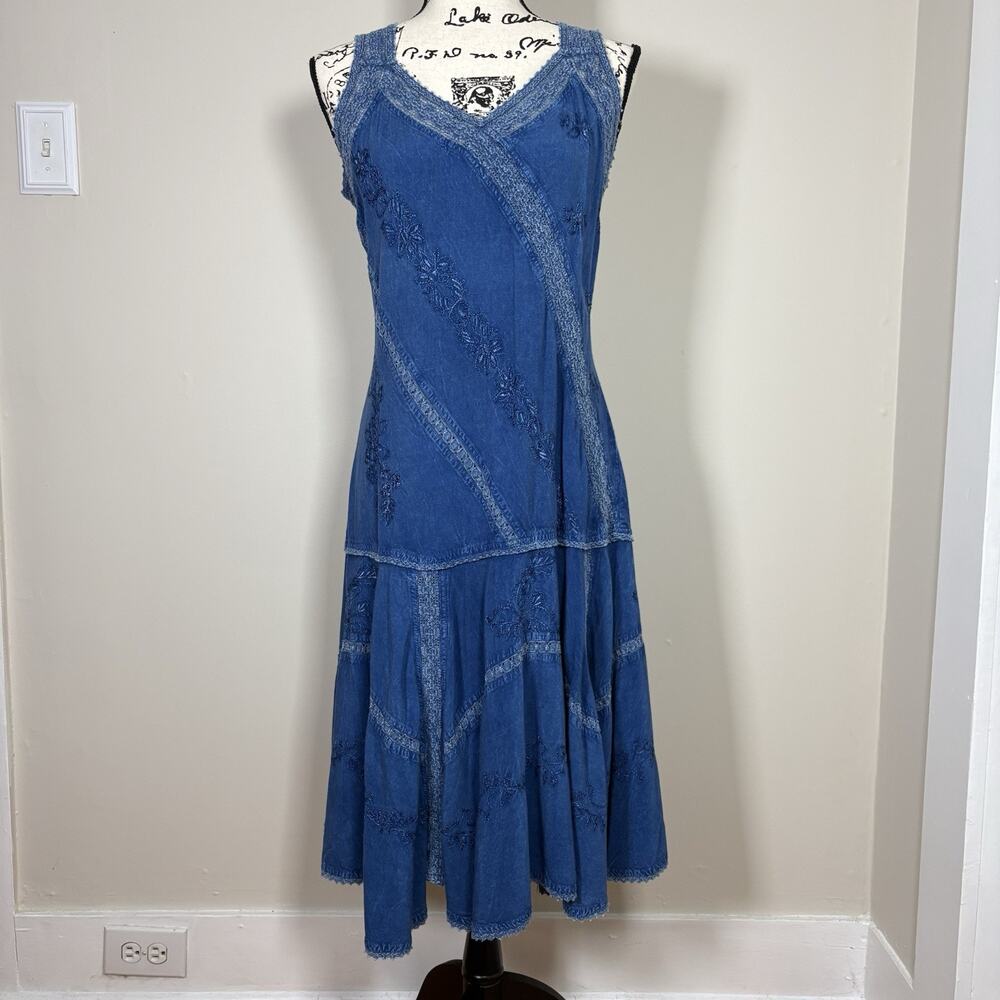 VTG Y2K Coline Blue Stone Wash Embroidered Midi Dress Boho Festival Fairycore L